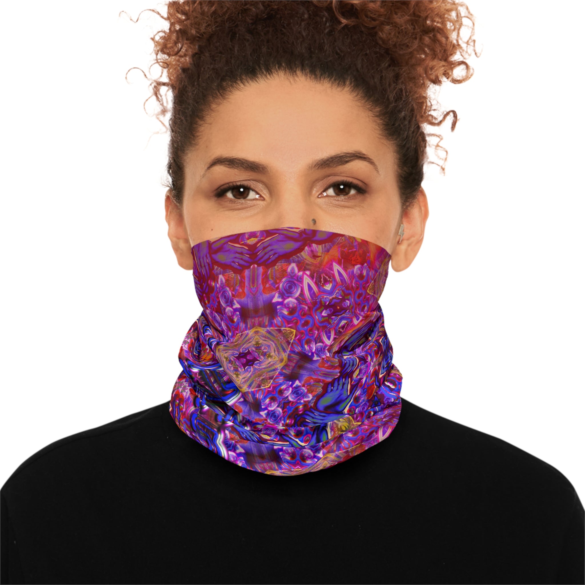 Teleheart Psychedelic Kaleidoscope Neck Gaiter — Vibrant Purple Geo Pattern