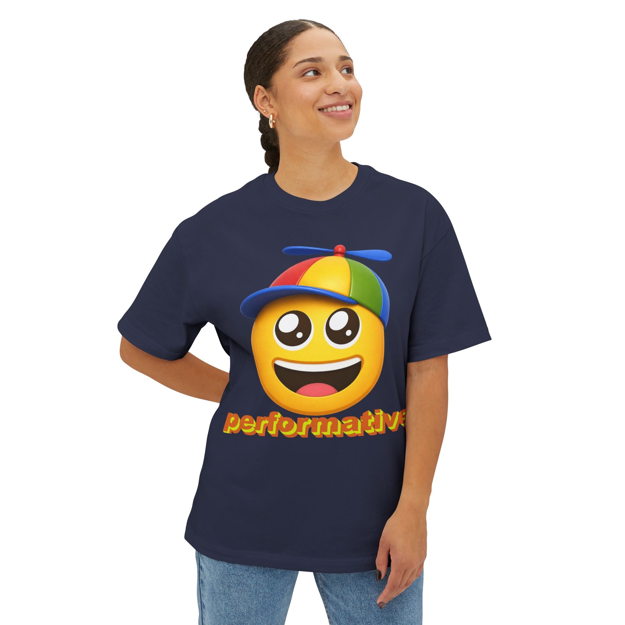 Performative Emoji Tee — Playful Propeller Hat Graphic T-Shirt