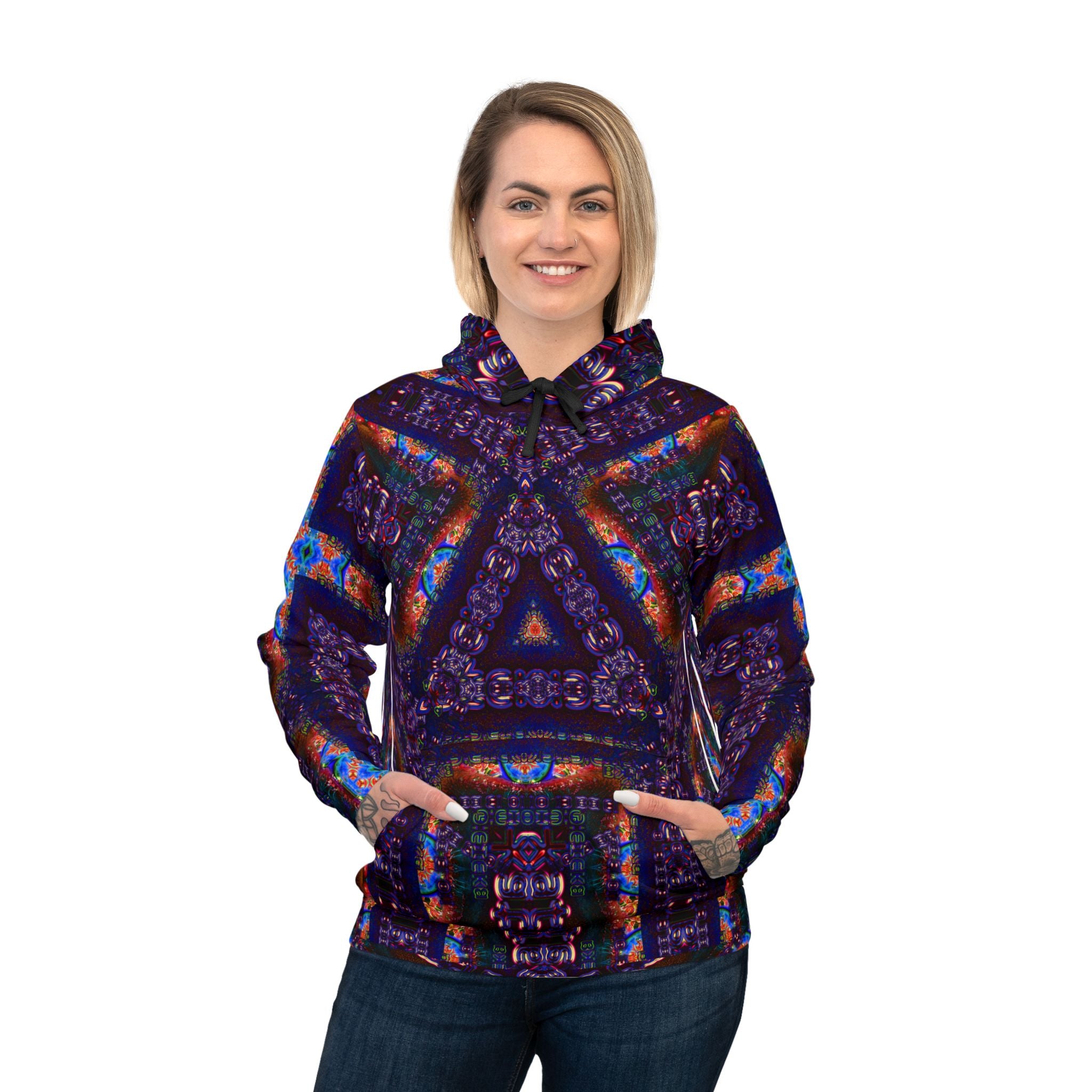 Telekatron Language Athletic Hoodie — Vibrant Geometric All-Over Print