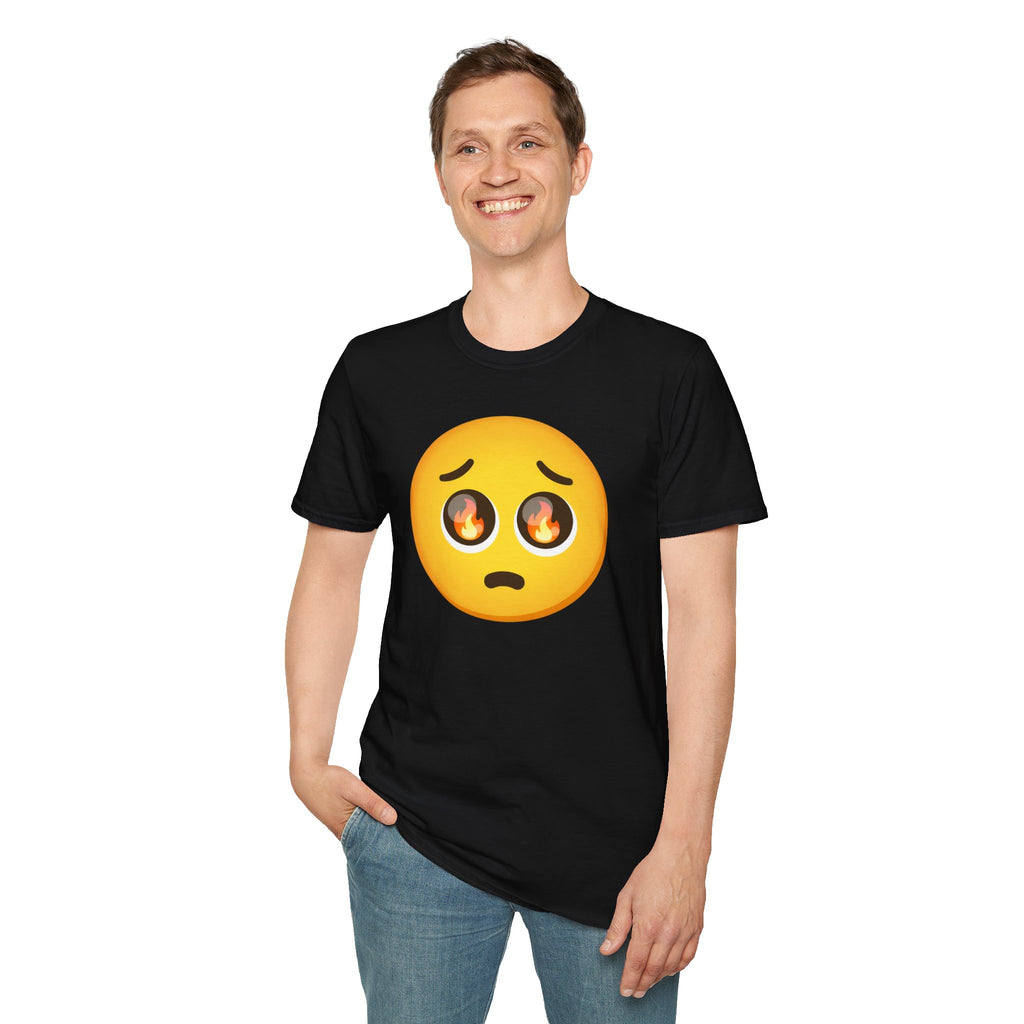 Flame-Eyes Pleading Emoji T-Shirt — Cute Fire Emoji Graphic Tee