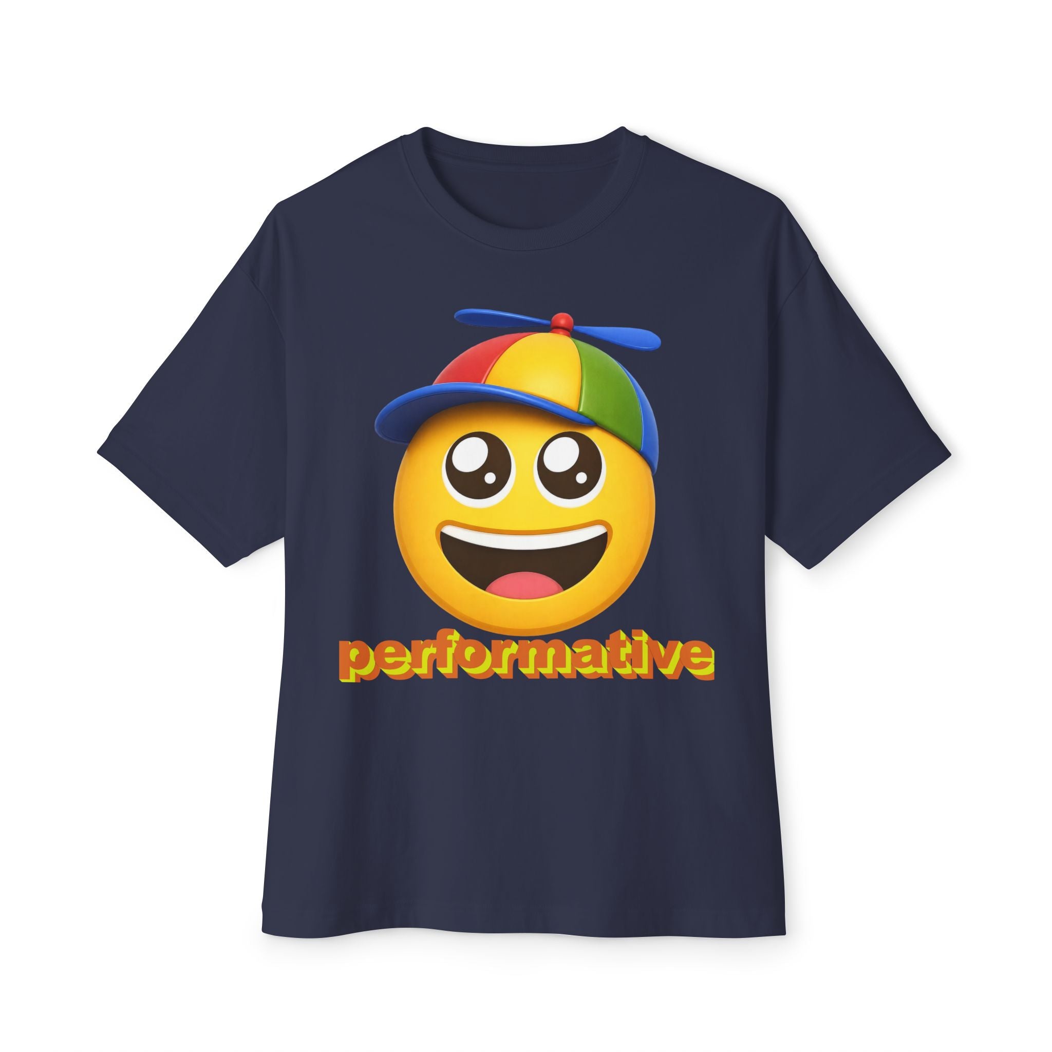 Performative Emoji Tee — Playful Propeller Hat Graphic T-Shirt