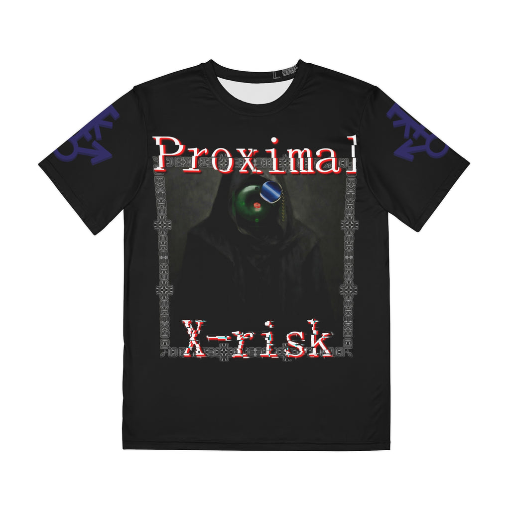 Proximal X-risk Graphic Tee — Cyberpunk Hooded Figure & Red Grid Tech Print