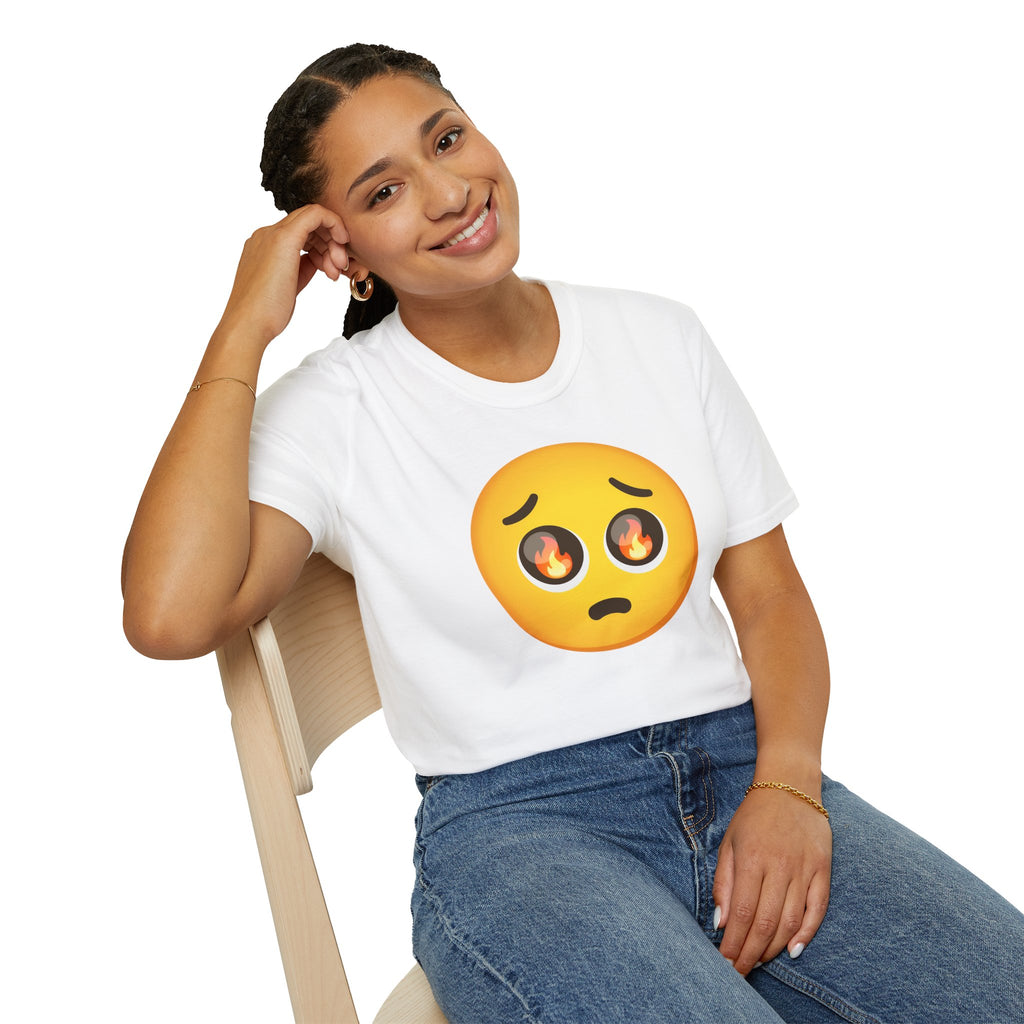 Flame-Eyes Pleading Emoji T-Shirt — Cute Fire Emoji Graphic Tee