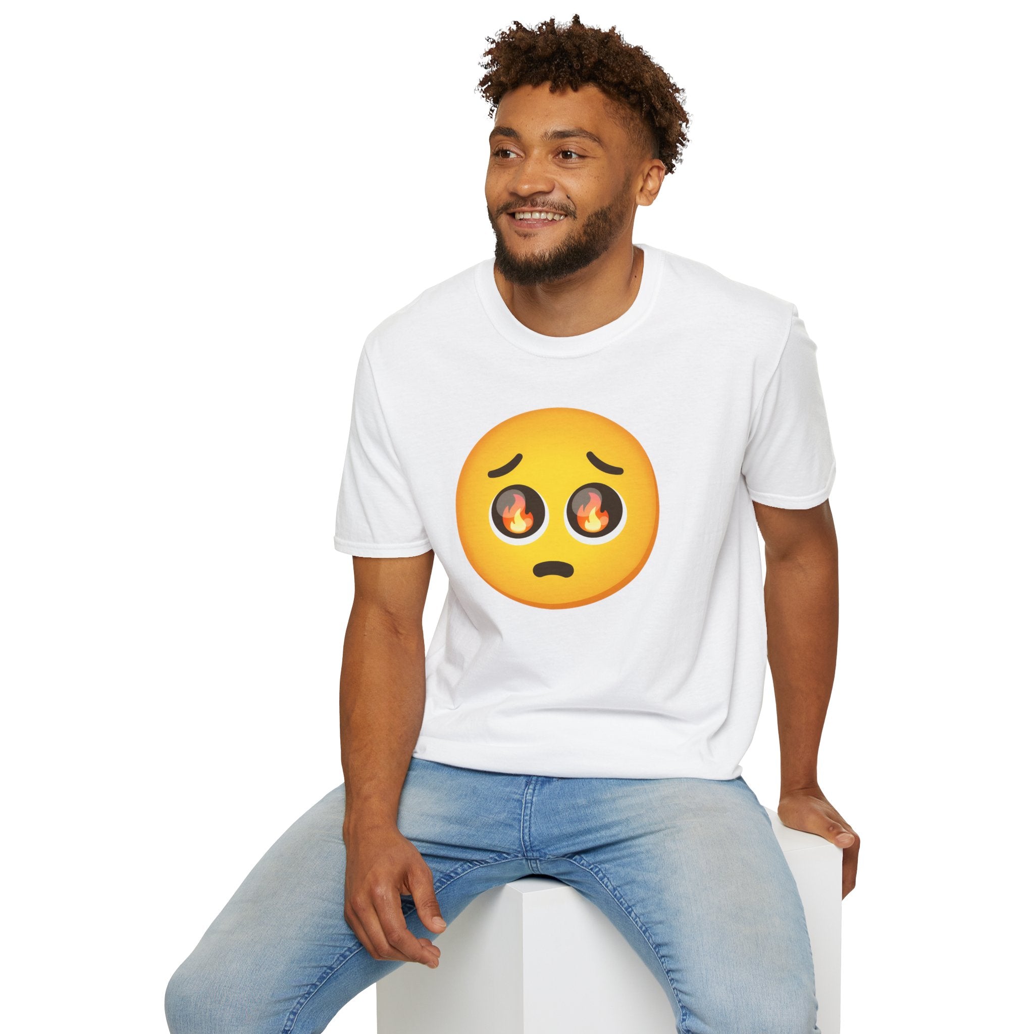 Flame-Eyes Pleading Emoji T-Shirt — Cute Fire Emoji Graphic Tee