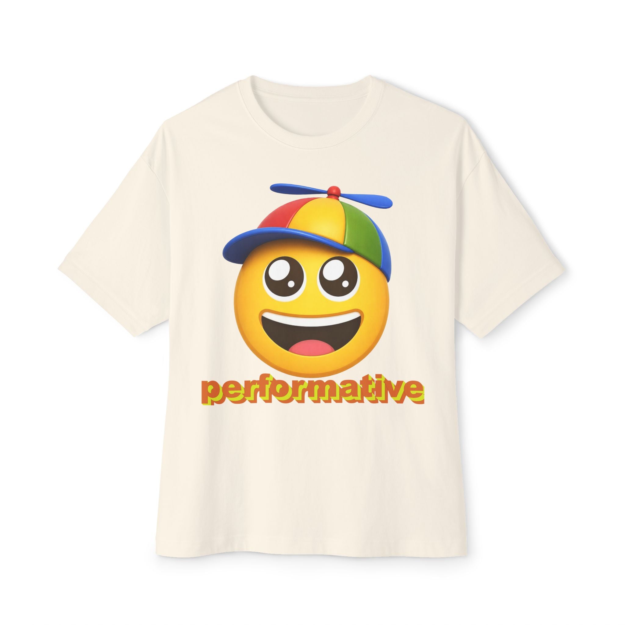 Performative Emoji Tee — Playful Propeller Hat Graphic T-Shirt